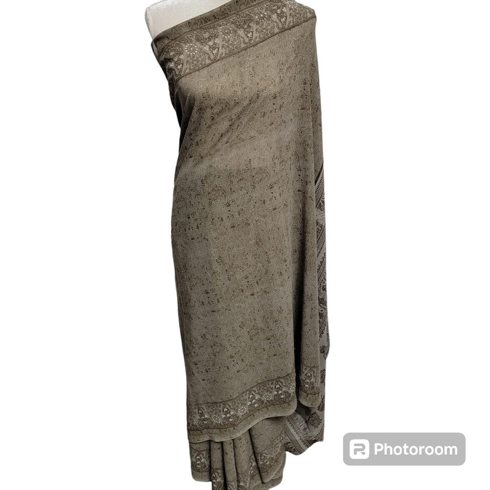 Gray/grey, brown, white sanskrit print polyester saree/sari for party